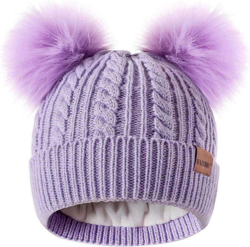 HAITHO Winter Hat for Kids Toddler Children, Girls Beanie with Double Pom Pom Warm Fleece Lined, Girls Accessories Knit Cap - Image 1